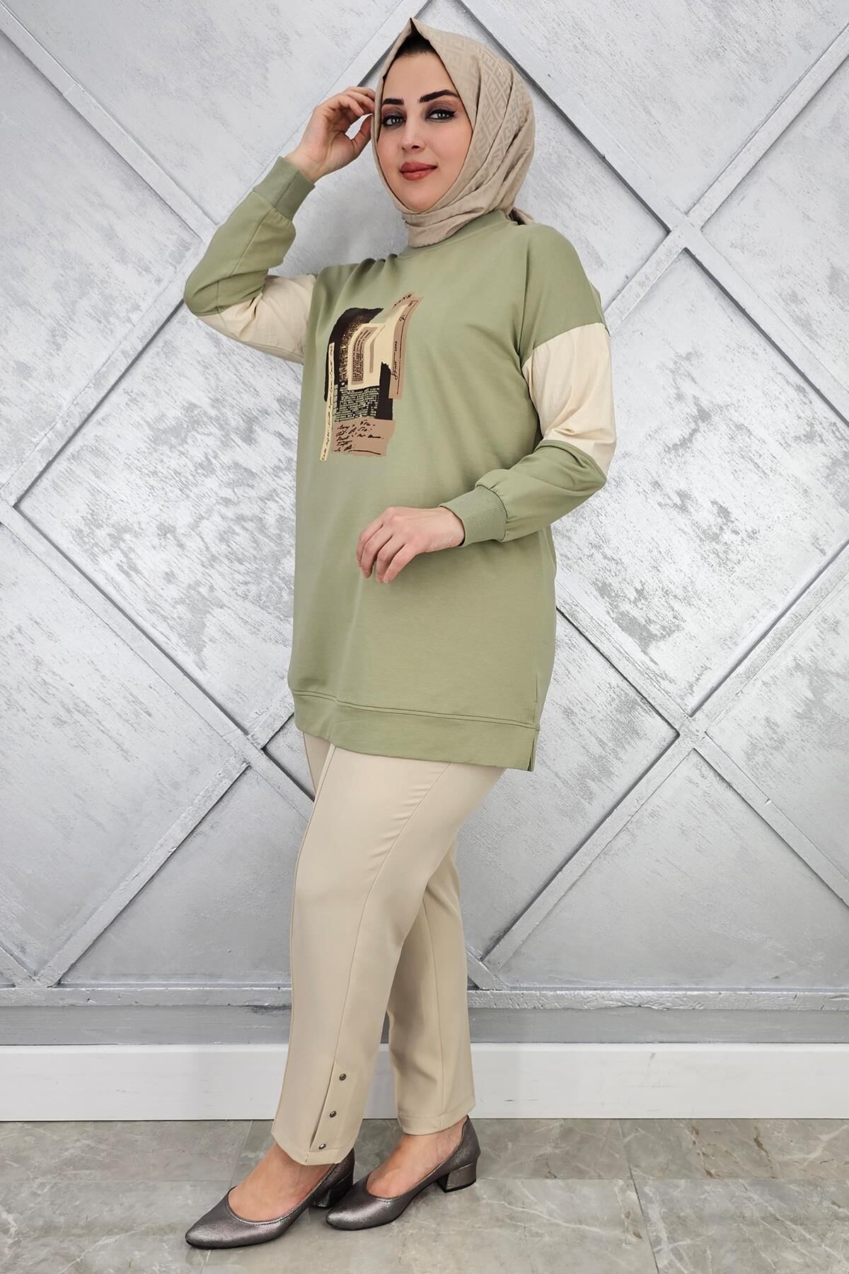 KADIN BASKI DETAYLI KOMBİNLİ TESETTÜR TUNİK MİNT YEŞİLİ - 2 BEDEN