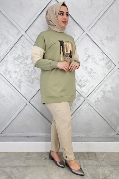 KADIN BASKI DETAYLI KOMBİNLİ TESETTÜR TUNİK MİNT YEŞİLİ - 2 BEDEN