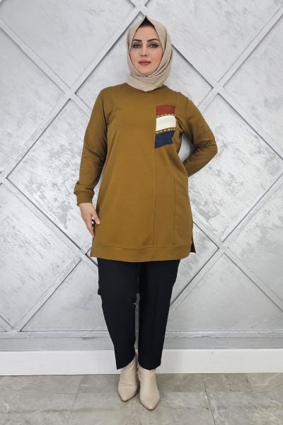 KADIN PARAŞÜT KUMAŞ KOMBİNLİ TESETTÜR TUNİK YAĞ YEŞİLİ - L