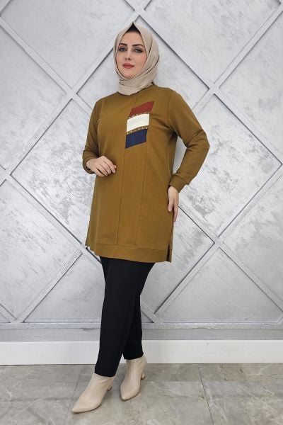 KADIN PARAŞÜT KUMAŞ KOMBİNLİ TESETTÜR TUNİK YAĞ YEŞİLİ - L