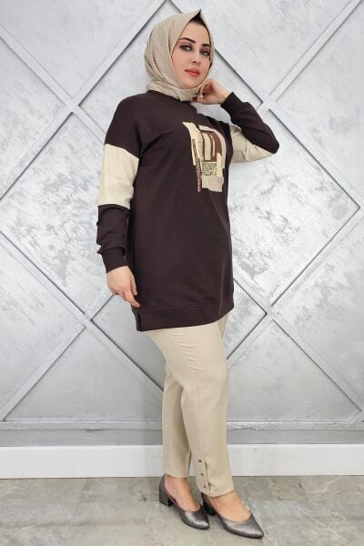 KADIN BASKI DETAYLI KOMBİNLİ TESETTÜR TUNİK KAHVERENGİ - 5 BEDEN