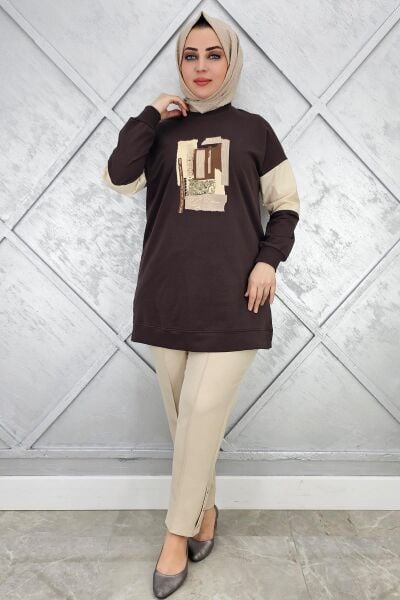KADIN BASKI DETAYLI KOMBİNLİ TESETTÜR TUNİK KAHVERENGİ - 5 BEDEN