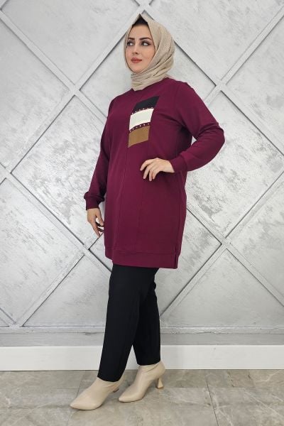 KADIN PARAŞÜT KUMAŞ KOMBİNLİ TESETTÜR TUNİK BORDO - XL