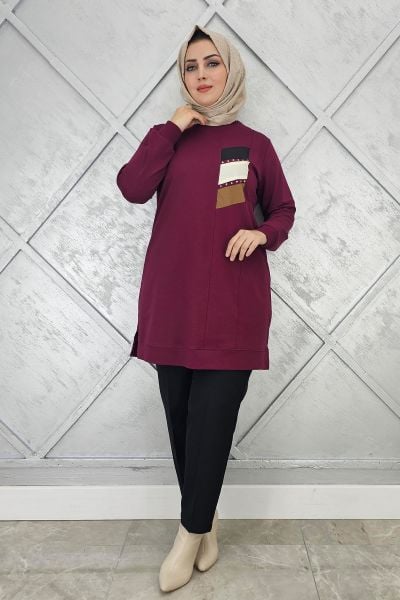 KADIN PARAŞÜT KUMAŞ KOMBİNLİ TESETTÜR TUNİK BORDO - XL