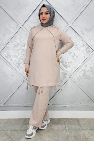 KADIN NERVÜR DİKİM DÜĞME DETAYLI TESETTÜR TAKIM BEJ - L