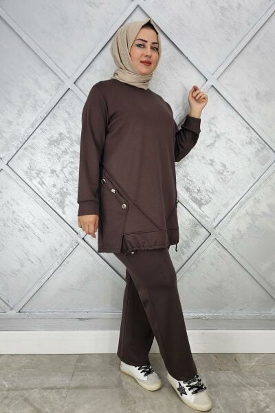 KADIN NERVÜR VE ALLER DİKİM TESETTÜR TAKIM KAHVERENGİ - 3 BEDEN