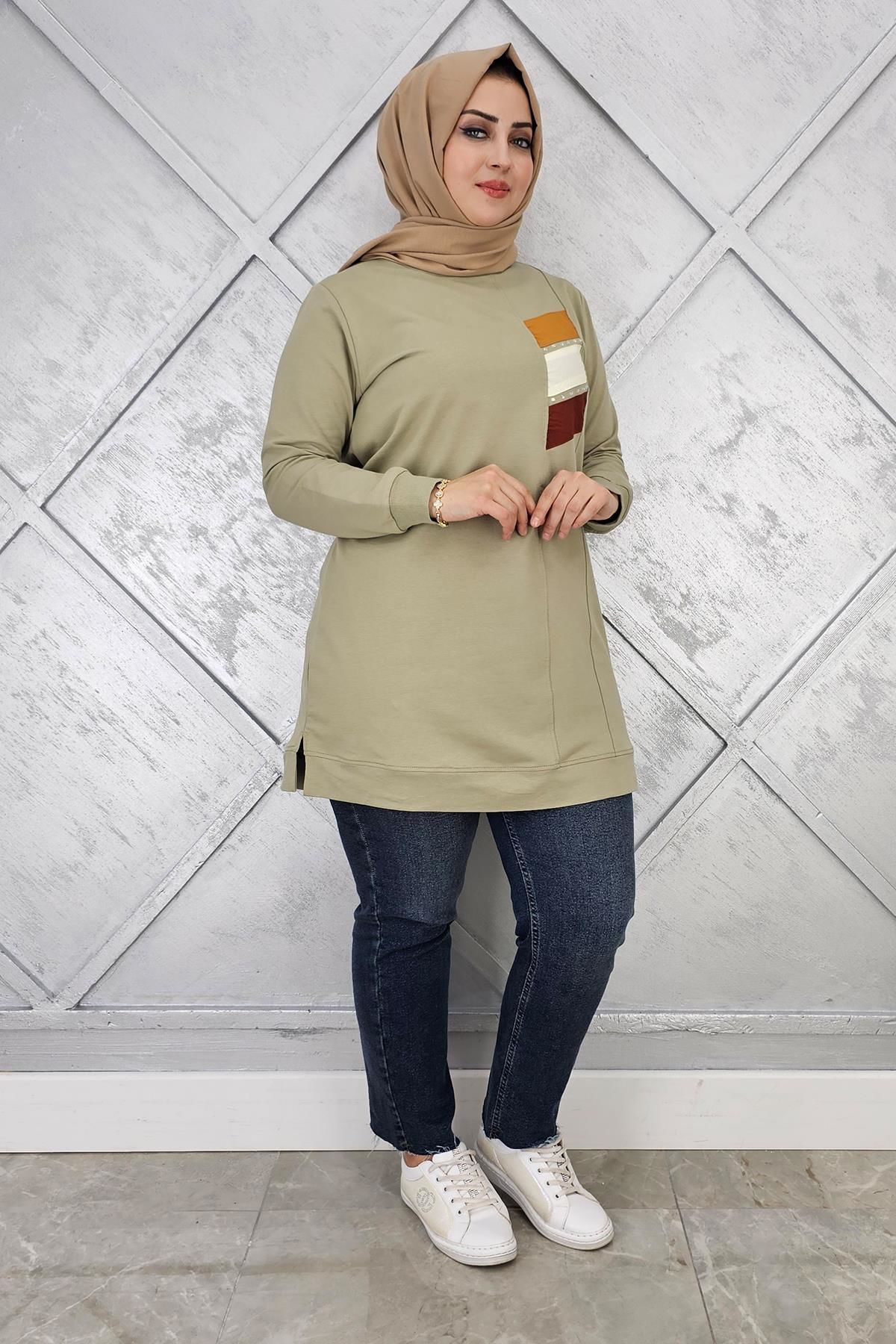 KADIN PARAŞÜT KUMAŞ KOMBİNLİ TESETTÜR TUNİK MİNT YEŞİLİ - 3XL