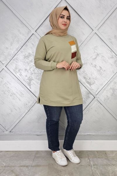 KADIN PARAŞÜT KUMAŞ KOMBİNLİ TESETTÜR TUNİK MİNT YEŞİLİ - 3XL