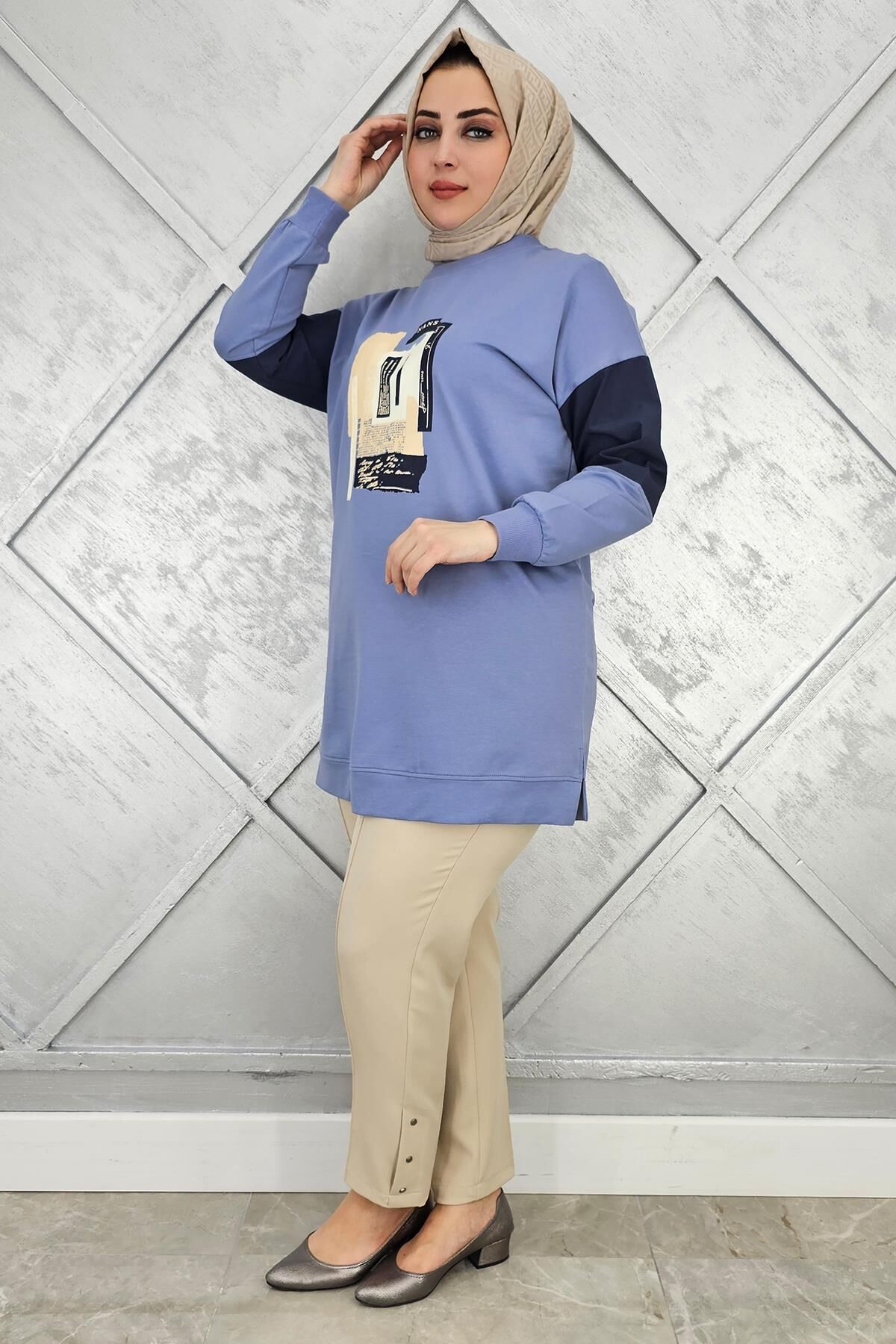 KADIN BASKI DETAYLI KOMBİNLİ TESETTÜR TUNİK MAVİ - 2 BEDEN