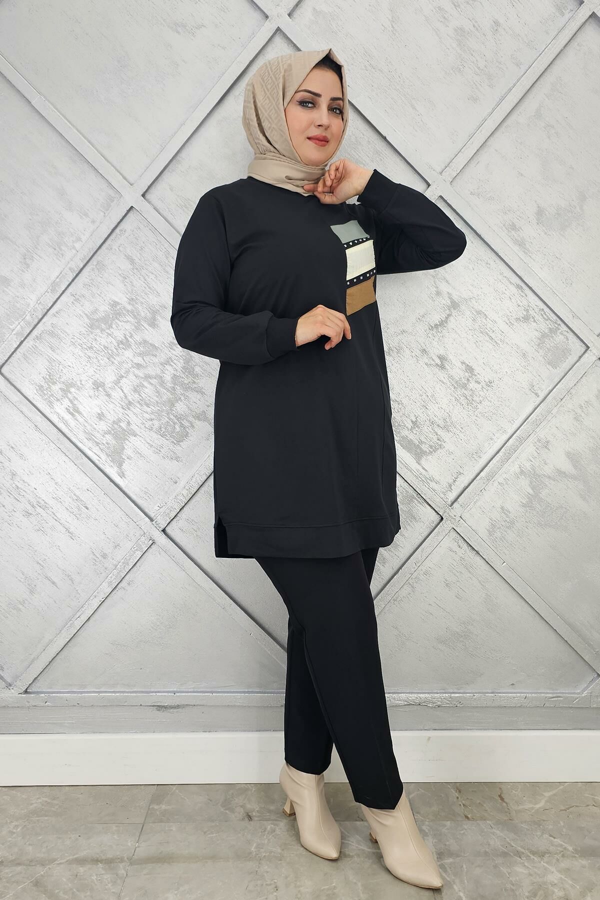 KADIN PARAŞÜT KUMAŞ KOMBİNLİ TESETTÜR TUNİK SİYAH - 3XL