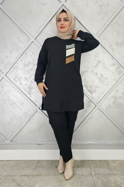 KADIN PARAŞÜT KUMAŞ KOMBİNLİ TESETTÜR TUNİK SİYAH - 3XL