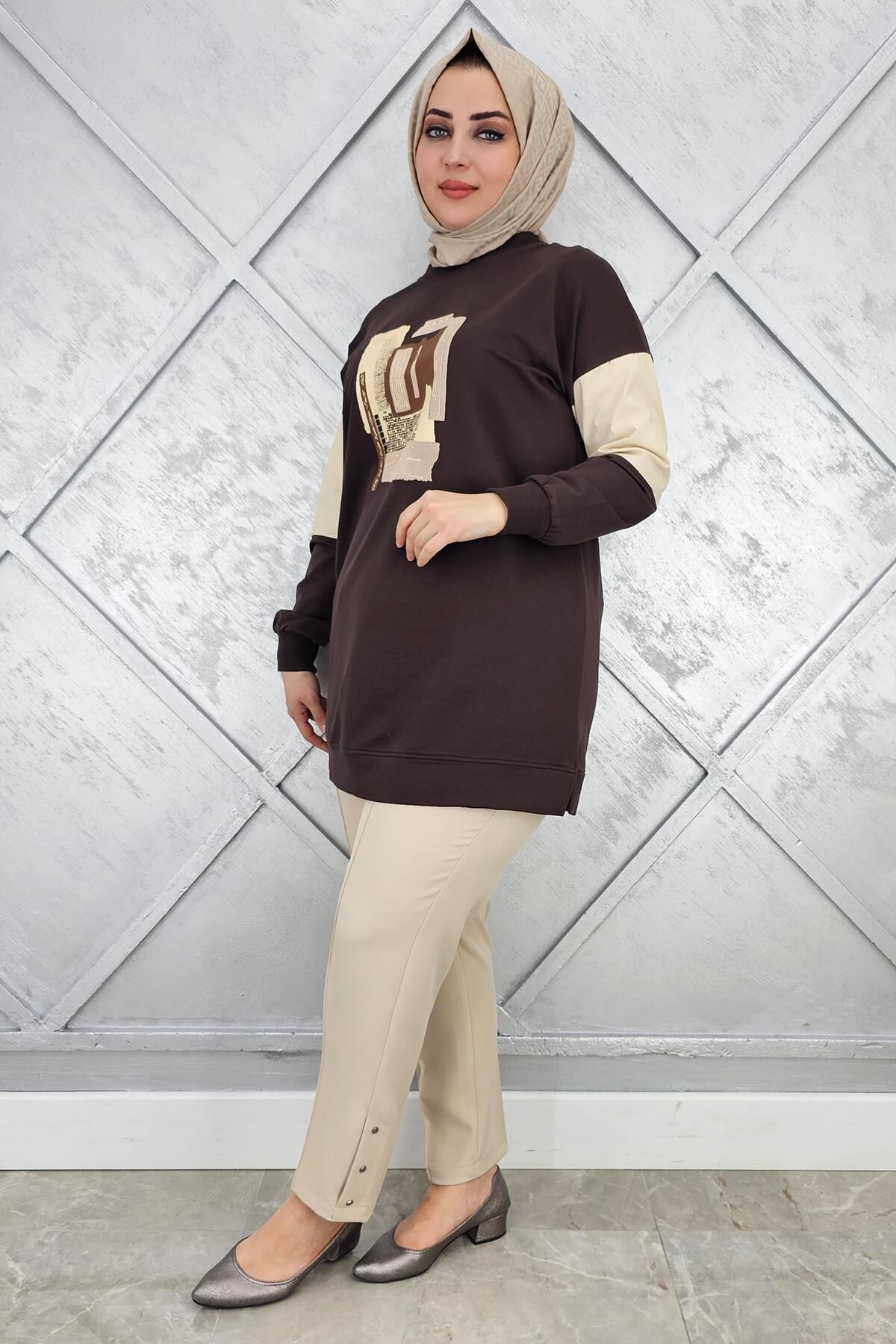 KADIN BASKI DETAYLI KOMBİNLİ TESETTÜR TUNİK KAHVERENGİ - 4 BEDEN