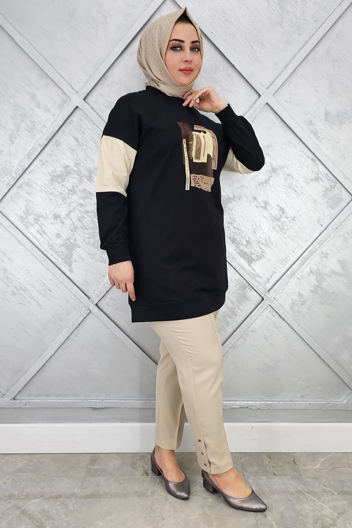 KADIN BASKI DETAYLI KOMBİNLİ TESETTÜR TUNİK SİYAH - 2 BEDEN