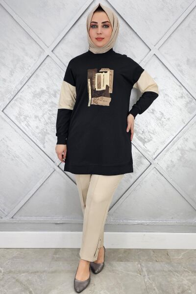 KADIN BASKI DETAYLI KOMBİNLİ TESETTÜR TUNİK SİYAH - 2 BEDEN