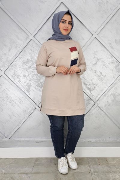 KADIN PARAŞÜT KUMAŞ KOMBİNLİ TESETTÜR TUNİK BEJ - 3XL