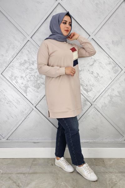 KADIN PARAŞÜT KUMAŞ KOMBİNLİ TESETTÜR TUNİK BEJ - 3XL