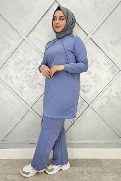KADIN NERVÜR DİKİM DÜĞME DETAYLI TESETTÜR TAKIM MAVİ - L