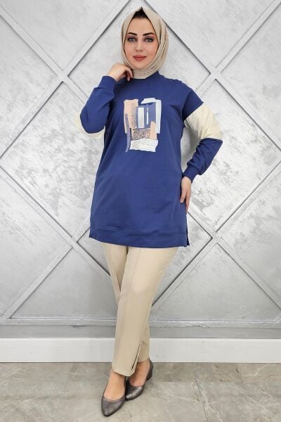 KADIN BASKI DETAYLI KOMBİNLİ TESETTÜR TUNİK İNDİGO - 4 BEDEN