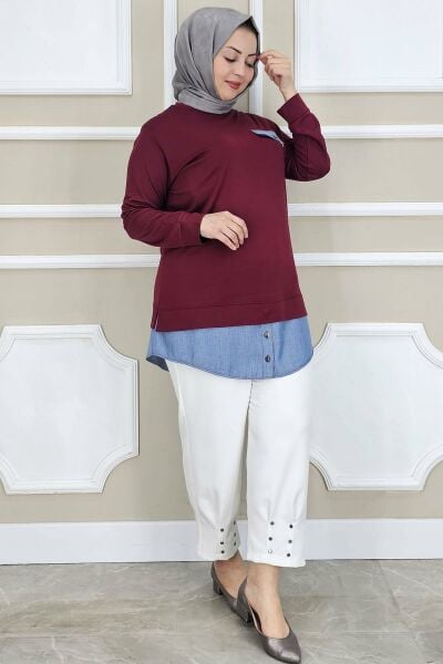 PYS KADIN KOT KOMBİNLİ DÜĞME DETAYLI TESETTÜR TUNİK BORDO - 2 BEDEN