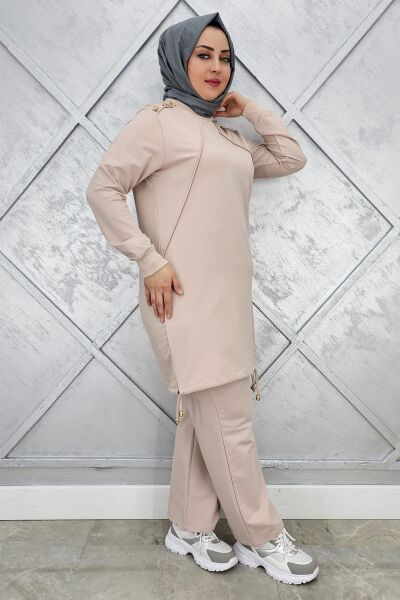 KADIN NERVÜR DİKİM DÜĞME DETAYLI TESETTÜR TAKIM BEJ - 2XL