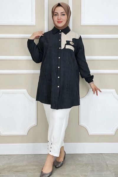 PYS KADIN KUŞGÖZÜ DETAYLI TESETTÜR GÖMLEK SİYAH - 2 BEDEN