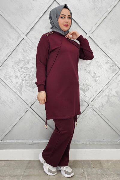 KADIN NERVÜR DİKİM DÜĞME DETAYLI TESETTÜR TAKIM BORDO - 3XL