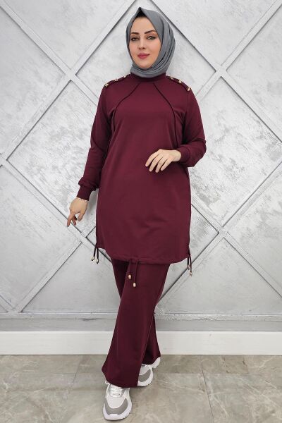 KADIN NERVÜR DİKİM DÜĞME DETAYLI TESETTÜR TAKIM BORDO - 3XL