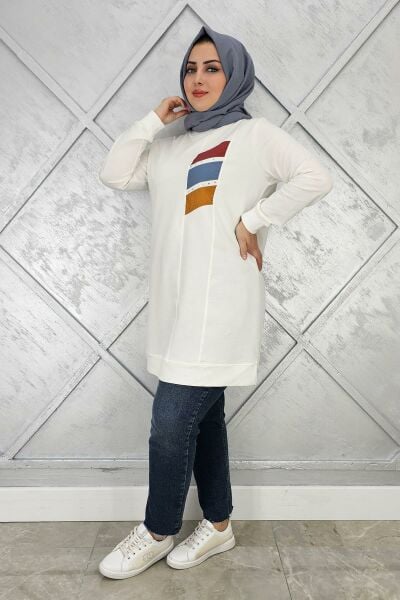 KADIN PARAŞÜT KUMAŞ KOMBİNLİ TESETTÜR TUNİK EKRU - 3XL