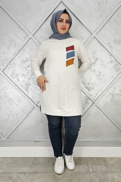 KADIN PARAŞÜT KUMAŞ KOMBİNLİ TESETTÜR TUNİK EKRU - 3XL