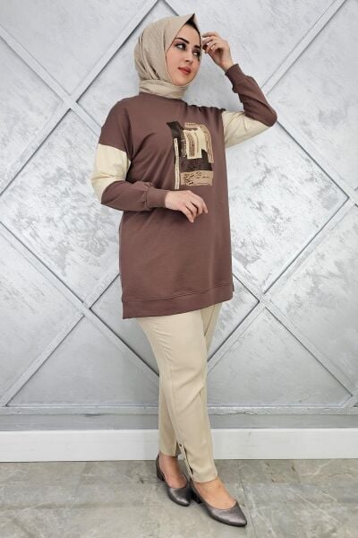 KADIN BASKI DETAYLI KOMBİNLİ TESETTÜR TUNİK VİZON - 4 BEDEN