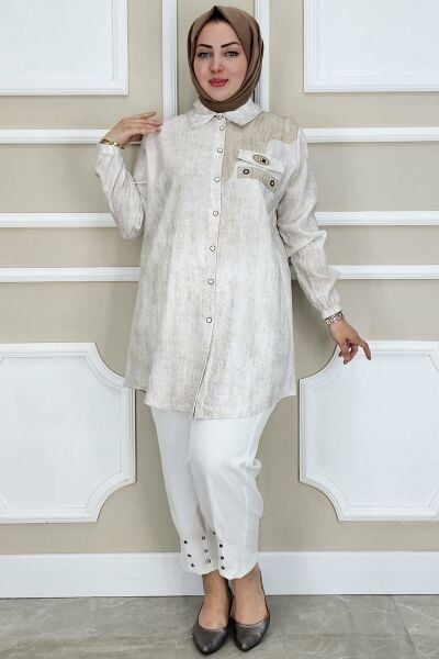 PYS KADIN KUŞGÖZÜ DETAYLI TESETTÜR GÖMLEK TAŞ - 3 BEDEN