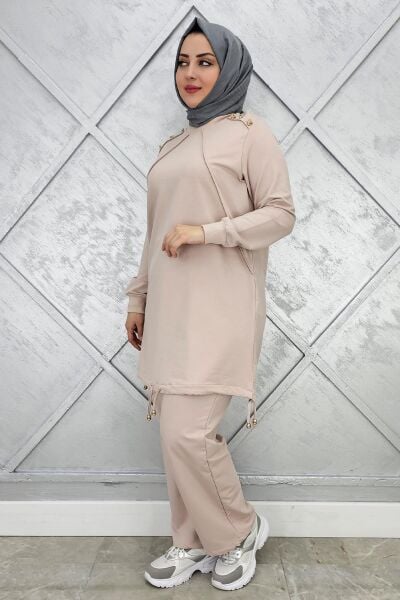 KADIN NERVÜR DİKİM DÜĞME DETAYLI TESETTÜR TAKIM BEJ - 3XL