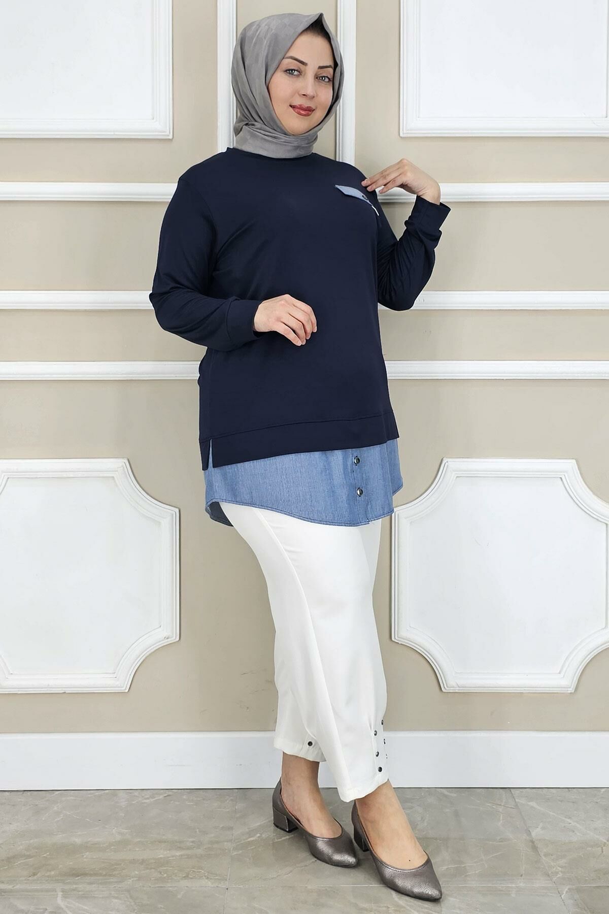 PYS KADIN KOT KOMBİNLİ DÜĞME DETAYLI TESETTÜR TUNİK LACİVERT - 2 BEDEN