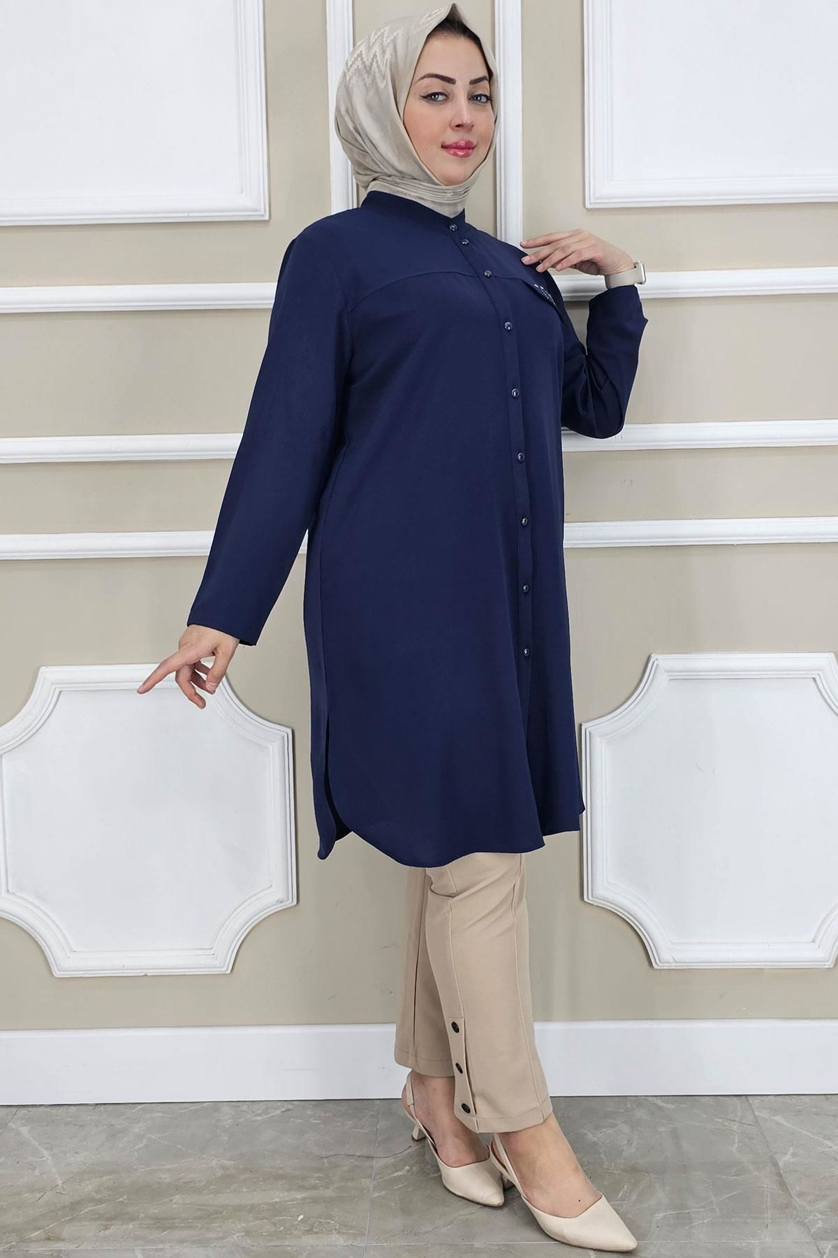 PYS KADIN HAKİM YAKA TESETTÜR GÖMLEK LACİVERT - 2 BEDEN
