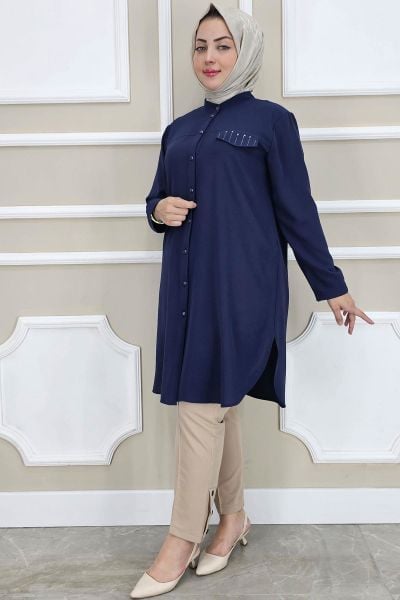 PYS KADIN HAKİM YAKA TESETTÜR GÖMLEK LACİVERT - 2 BEDEN
