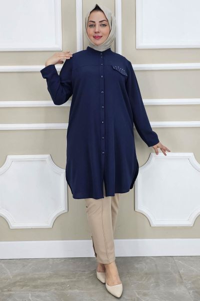 PYS KADIN HAKİM YAKA TESETTÜR GÖMLEK LACİVERT - 2 BEDEN