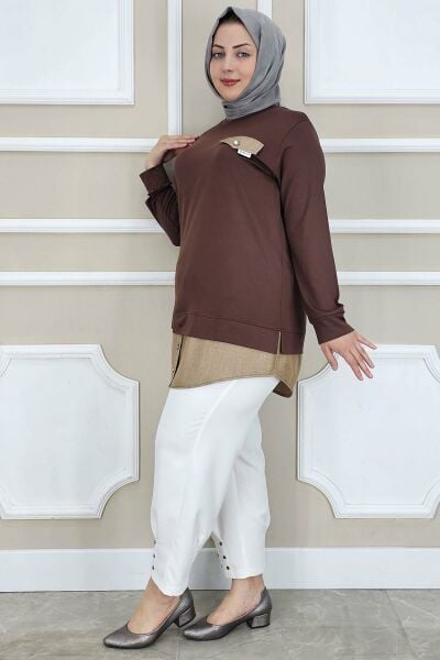 PYS KADIN KOT KOMBİNLİ DÜĞME DETAYLI TESETTÜR TUNİK KAHVERENGİ - 2 BEDEN