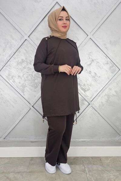 KADIN NERVÜR DİKİM DÜĞME DETAYLI TESETTÜR TAKIM KAHVERENGİ - L