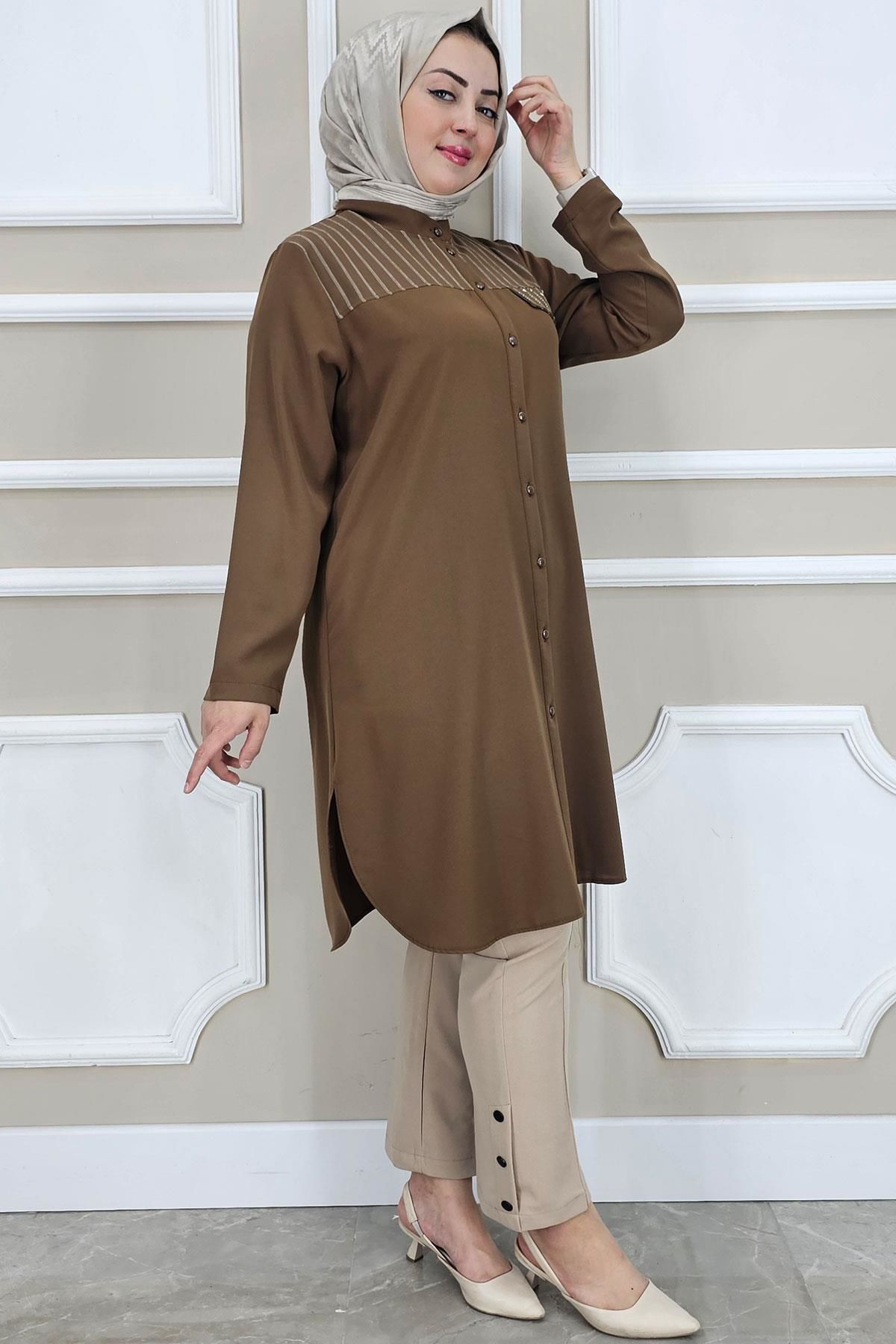 PYS KADIN HAKİM YAKA TESETTÜR GÖMLEK KAHVERENGİ - 3 BEDEN