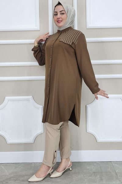 PYS KADIN HAKİM YAKA TESETTÜR GÖMLEK KAHVERENGİ - 3 BEDEN
