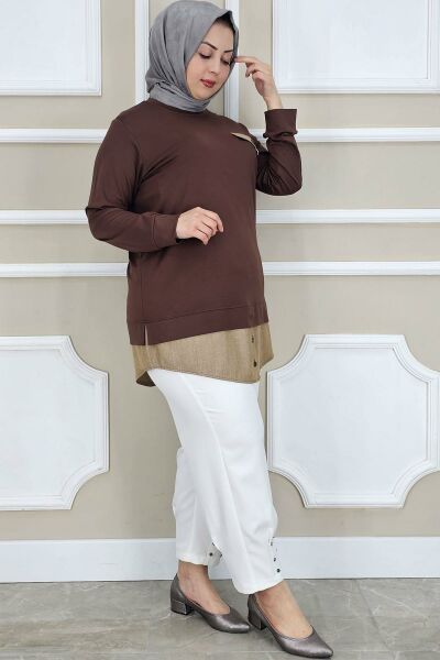 PYS KADIN KOT KOMBİNLİ DÜĞME DETAYLI TESETTÜR TUNİK KAHVERENGİ - 3 BEDEN