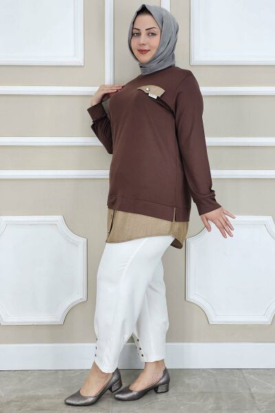 PYS KADIN KOT KOMBİNLİ DÜĞME DETAYLI TESETTÜR TUNİK KAHVERENGİ - 3 BEDEN