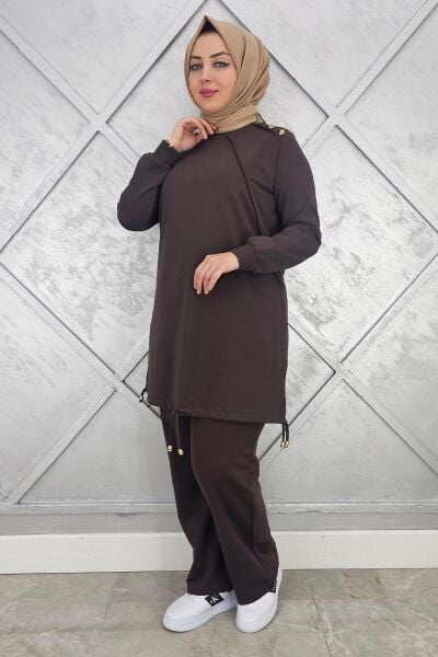 KADIN NERVÜR DİKİM DÜĞME DETAYLI TESETTÜR TAKIM KAHVERENGİ - 3XL