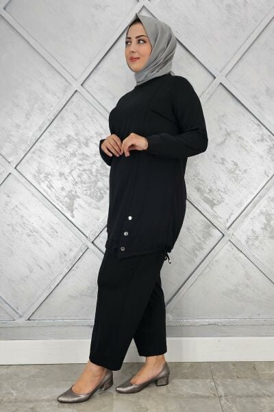 KADIN DÜĞME BAĞCIK DETAYLI TESETTÜR TAKIM SİYAH - 3 BEDEN