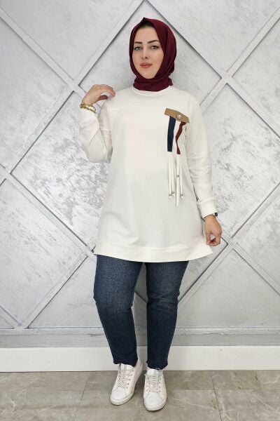 KADIN KOMBİN VE BAĞCIK DETAYLI TESETTÜR TUNİK EKRU - L