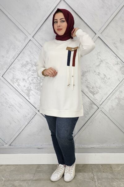 KADIN KOMBİN VE BAĞCIK DETAYLI TESETTÜR TUNİK EKRU - L