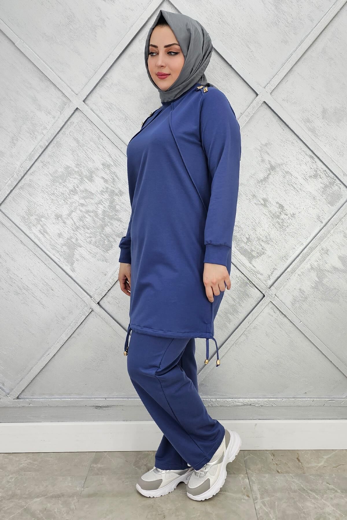 KADIN NERVÜR DİKİM DÜĞME DETAYLI TESETTÜR TAKIM İNDİGO - 3XL