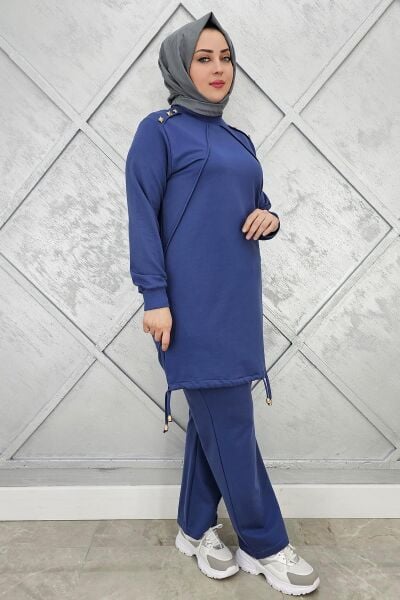 KADIN NERVÜR DİKİM DÜĞME DETAYLI TESETTÜR TAKIM İNDİGO - 3XL