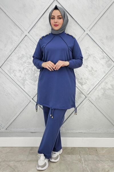KADIN NERVÜR DİKİM DÜĞME DETAYLI TESETTÜR TAKIM İNDİGO - 3XL