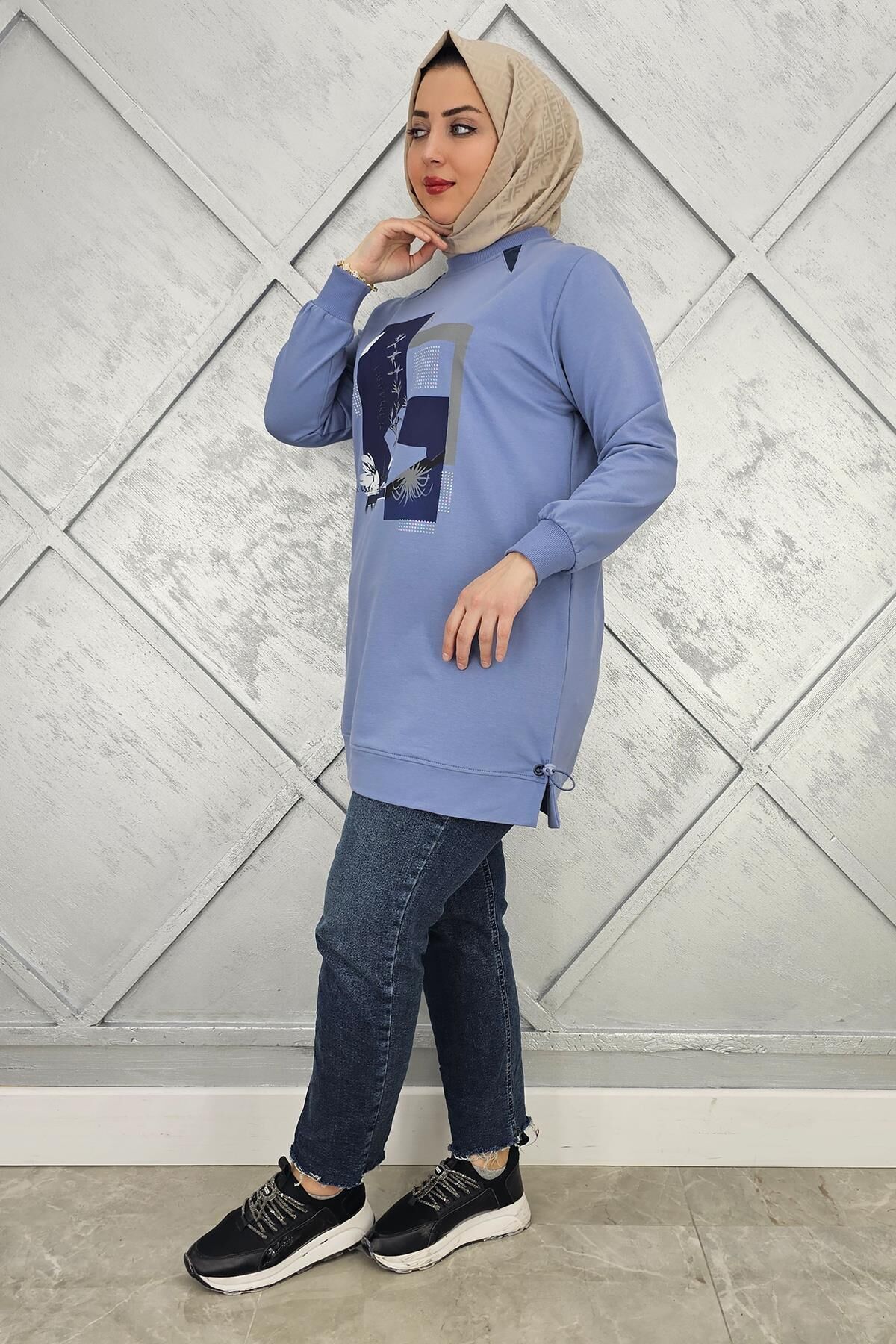 KADIN BASKI TAŞ DETAYLI TESETTÜR TUNİK MAVİ - 4 BEDEN